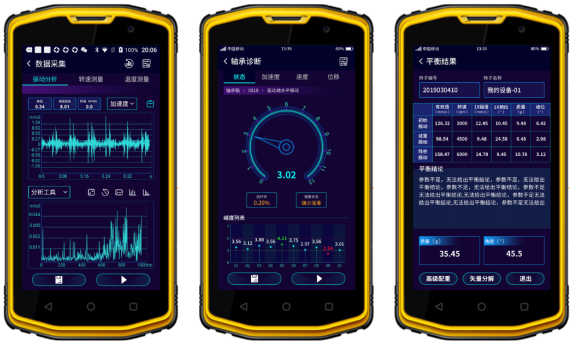 圖. 4 智能振動分析（左）、智能軸承診斷（中）、轉子動平衡（右）